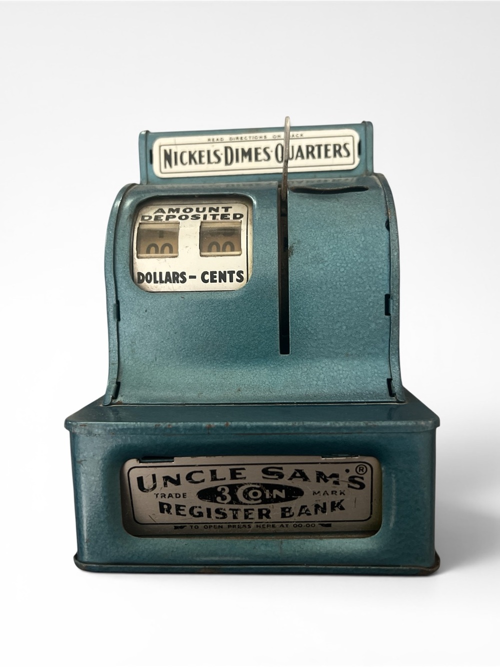 3 Coin Register Uncle Sam's Metal Register‎ Bank in Teal Blue *Works* Vintage
